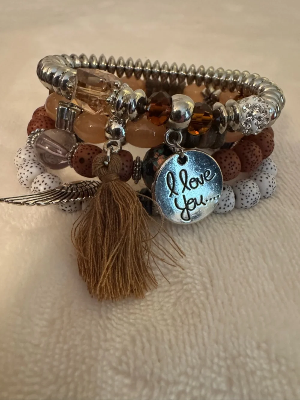 Boho Beaded Multi-Strand Charm Bracelet - I Love You Pendant - Brown & White - Picture 3 of 4